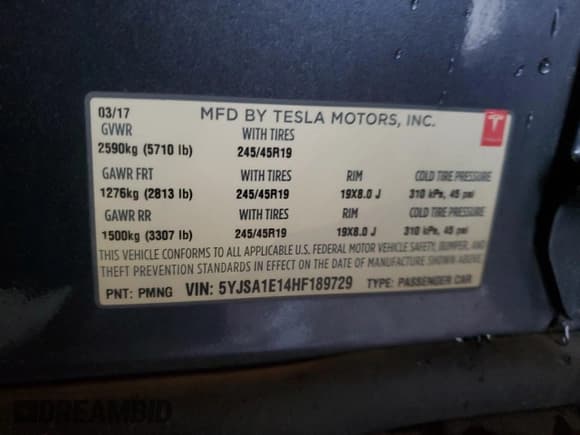 ✅ 2017 Tesla Model S 60 • VIN: 5YJSA1E14HF189729 • Lot: 93875955. Listed on Copart with 115,709 mi. Free auction sales archive from the USA and detailed vehicle history report at DreamBid. Image 13.