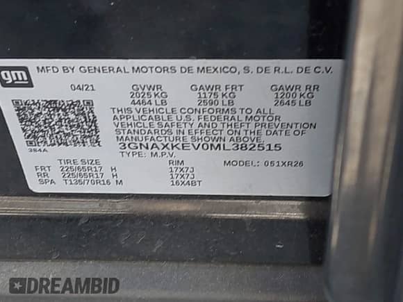 2021 Chevrolet Equinox LT с VIN 3GNAXKEV0ML382515, выставлен на аукционе IAAI как лот 43213145 с пробегом 59 463 миль миль и . История ставок и продаж доступна на DreamBid. Изображение 9.