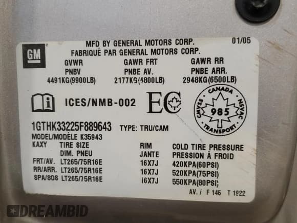✅ 2005 GMC Sierra 3500 DRW SL • VIN: 1GTHK33225F889643 • Lot: 80901154. Wystawiony na Copart z przebiegiem Nie podano. Bezpłatny archiwum sprzedaży aukcyjnych z USA i szczegółowy raport historii pojazdu na DreamBid. Zdjęcie 12.