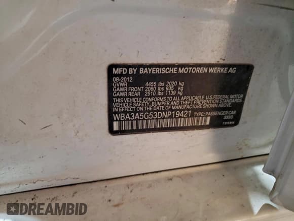 ✅ 2013 BMW 3 Series 328i • VIN: WBA3A5G53DNP19421 • Lot: 93017035. Listed on Copart with 117,641 mi. Free auction sales archive from the USA and detailed vehicle history report at DreamBid. Image 12.