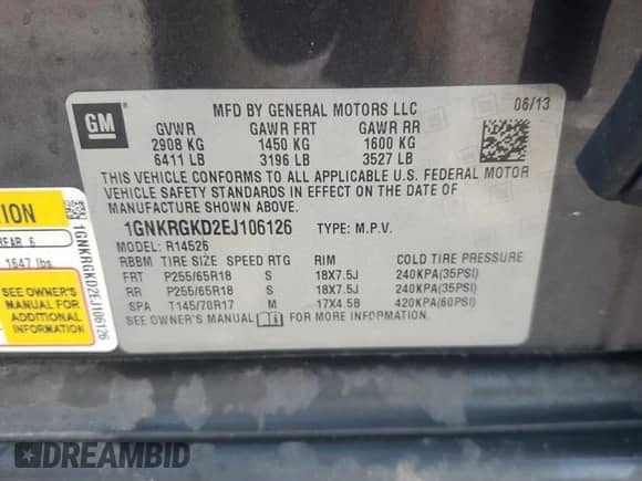 2014 Chevrolet Traverse LT z VIN 1GNKRGKD2EJ106126, wystawiony jako Copart lot #82273195 z przebiegiem 234 917 mil mil oraz Szkoda całkowita • Salvage title. Historia ofert i sprzedaży dostępna na DreamBid. Obrazek 13.