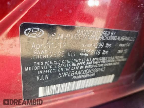 2013 Hyundai Sonata GLS z VIN 5NPEB4AC0DH509143, wystawiony jako Copart lot #82179565 z przebiegiem 155 247 mil mil oraz Szkoda całkowita • Salvage title. Historia ofert i sprzedaży dostępna na DreamBid. Obrazek 12.