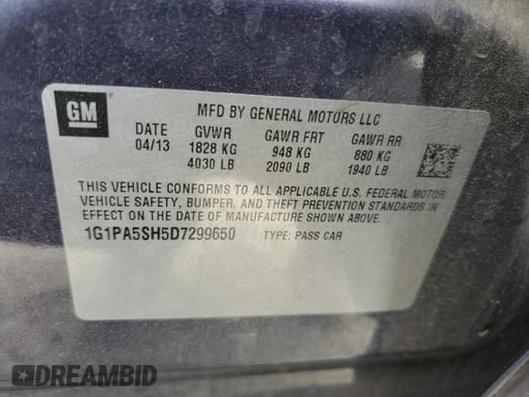 ✅ 2013 Chevrolet Cruze LS • VIN: 1G1PA5SH5D7299650 • Lot: 82364185. Listed on Copart with 171,189 mi. Free auction sales archive from the USA and detailed vehicle history report at DreamBid. Image 12.