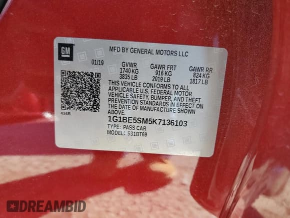 ✅ 2019 Chevrolet Cruze LT • VIN: 1G1BE5SM5K7136103 • Lot: 44281993. Listed on Copart with 5,779 mi. Free auction sales archive from the USA and detailed vehicle history report at DreamBid. Image 12.