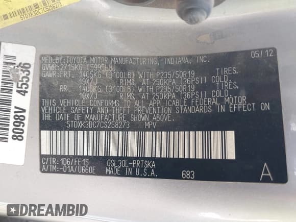 ✅ 2012 Toyota Sienna SE • VIN: 5TDXK3DC7CS258273 • Lot: 42444615. Listed on IAAI with Not provided. Free auction sales archive from the USA and detailed vehicle history report at DreamBid. Image 9.