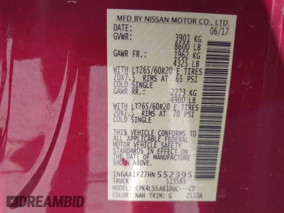 ✅ 2017 Nissan Titan SV • VIN: 1N6AA1F27HN552395 • Lot: 42825236. Listed on IAAI with 50,903 mi. Free auction sales archive from the USA and detailed vehicle history report at DreamBid. Image 9.