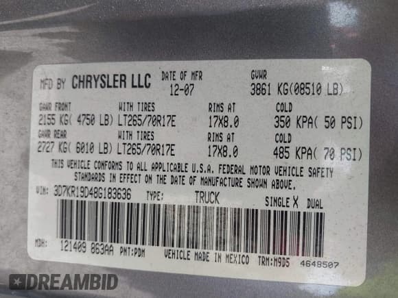 ✅ 2008 Dodge 1500 SLT • VIN: 3D7KR19D48G183636 • Лот: 42147611. Опубликован ранее на IAAI с пробегом 197 021 миль. Бесплатный доступ к архиву аукционных продаж из США и подробный отчёт об истории автомобиля на DreamBid. Изображение 9.