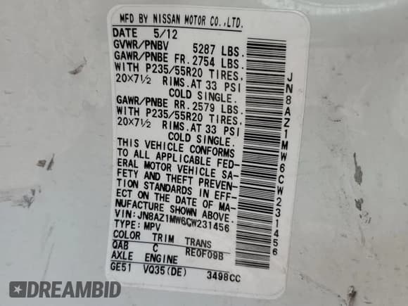 ✅ 2012 Nissan Murano LE • VIN: JN8AZ1MW6CW231456 • Lot: 71496325. Listed on Copart with Not provided. Free auction sales archive from the USA and detailed vehicle history report at DreamBid. Image 13.