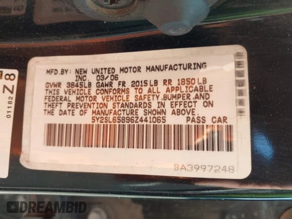 ✅ 2006 Pontiac Vibe • VIN: 5Y2SL65896Z441065 • Lot: 43620436. Listed on IAAI with 249,965 mi. Free auction sales archive from the USA and detailed vehicle history report at DreamBid. Image 9.