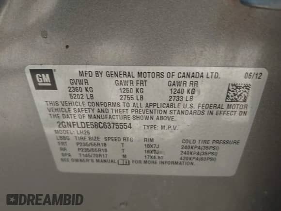 2012 Chevrolet Equinox 1LT with VIN 2GNFLDE58C6375554, listed as a IAAI auction lot 42823711 with 146,823 mi miles and . Bid and sale history available at DreamBid. Image 9.