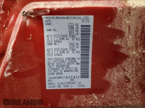 ✅ 2020 Nissan Pathfinder Platinum • VIN: 5N1DR2DM5LC621412 • Lot: 86685845. Listed on Copart with 50,753 mi. Free auction sales archive from the USA and detailed vehicle history report at DreamBid. Image 14.