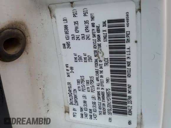 2000 Dodge Dakota with VIN 1B7GL22X1YS708575, listed as a Copart auction lot 82715565 with 133,656 mi miles and Salvage title. Bid and sale history available at DreamBid. Image 12.