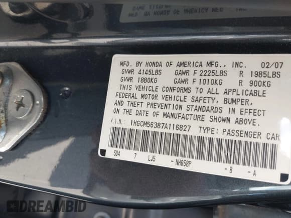 ✅ 2007 Honda Accord LX SE • VIN: 1HGCM56387A116827 • Лот: 43583252. Опубликован ранее на IAAI с пробегом 152 175 миль. Бесплатный доступ к архиву аукционных продаж из США и подробный отчёт об истории автомобиля на DreamBid. Изображение 9.