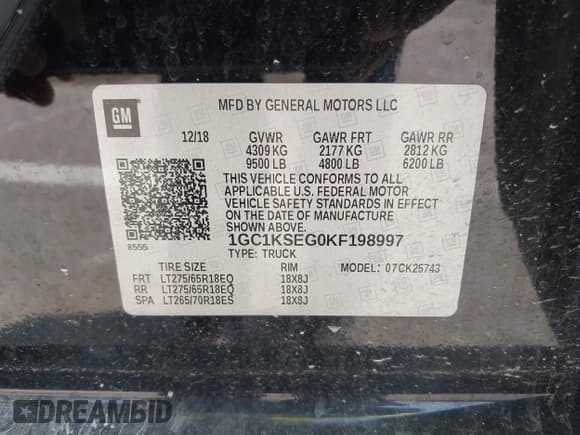 ✅ 2019 Chevrolet Silverado 2500HD LT • VIN: 1GC1KSEG0KF198997 • Lot: 42929829. Listed on IAAI with 40,917 mi. Free auction sales archive from the USA and detailed vehicle history report at DreamBid. Image 9.