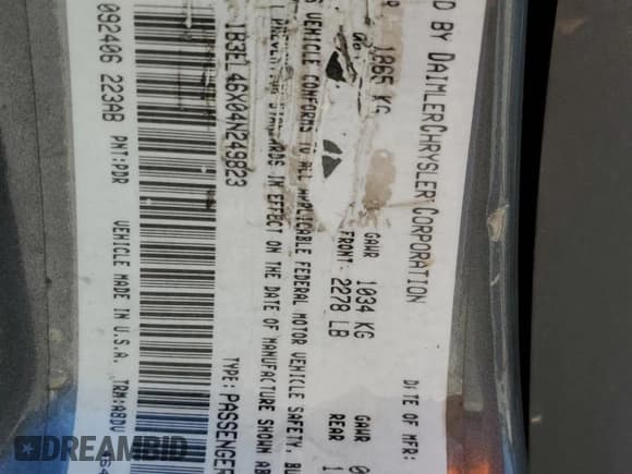 ✅ 2004 Dodge Stratus SXT • VIN: 1B3EL46X04N249823 • Lot: 84554875. Wystawiony na Copart z przebiegiem 245 314 mil. Bezpłatny archiwum sprzedaży aukcyjnych z USA i szczegółowy raport historii pojazdu na DreamBid. Zdjęcie 13.