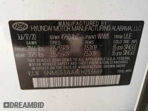 2020 Hyundai Santa Fe Limited z VIN 5NMS53AA8LH253669, wystawiony jako Copart lot #40440133 z przebiegiem 14 966 mil mil oraz . Historia ofert i sprzedaży dostępna na DreamBid. Obrazek 14.