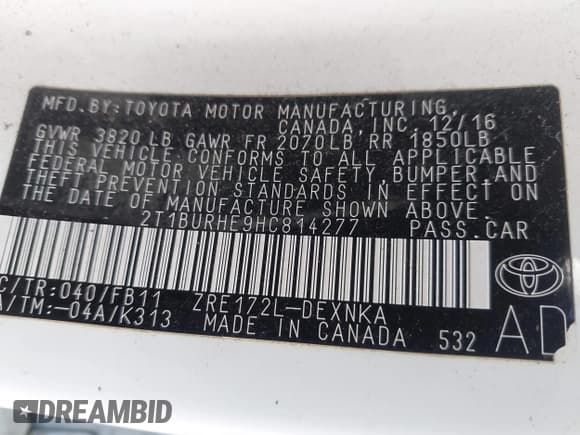 ✅ 2017 Toyota Corolla L • VIN: 2T1BURHE9HC814277 • Лот: 43461054. Опубликован ранее на IAAI с пробегом 123 647 миль. Бесплатный доступ к архиву аукционных продаж из США и подробный отчёт об истории автомобиля на DreamBid. Изображение 9.