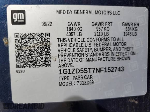 2022 Chevrolet Malibu LT with VIN 1G1ZD5ST7NF152743, listed as a Copart auction lot 90686475 with 102,360 mi miles and Clean title. Bid and sale history available at DreamBid. Image 12.