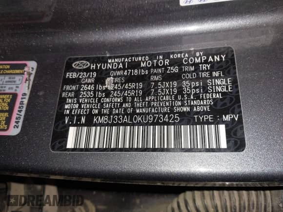 2019 Hyundai Tucson SEL z VIN KM8J33AL0KU973425, wystawiony jako IAAI lot #41828992 z przebiegiem Nie podano mil oraz . Historia ofert i sprzedaży dostępna na DreamBid. Obrazek 9.