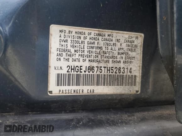 ✅ 1996 Honda Civic LX O • VIN: 2HGEJ6675TH526314 • Лот: 66264795. Опубликован ранее на Copart с пробегом 303 503 миль. Бесплатный доступ к архиву аукционных продаж из США и подробный отчёт об истории автомобиля на DreamBid. Изображение 12.