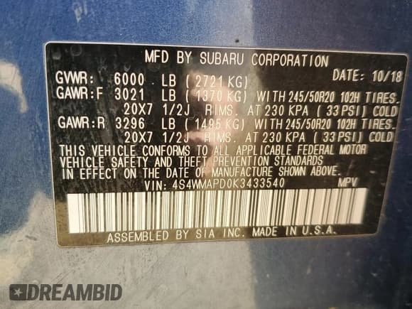 ✅ 2019 Subaru Ascent Limited • VIN: 4S4WMAPD0K3433540 • Lot: 92743245. Listed on Copart with 91,179 mi. Free auction sales archive from the USA and detailed vehicle history report at DreamBid. Image 13.