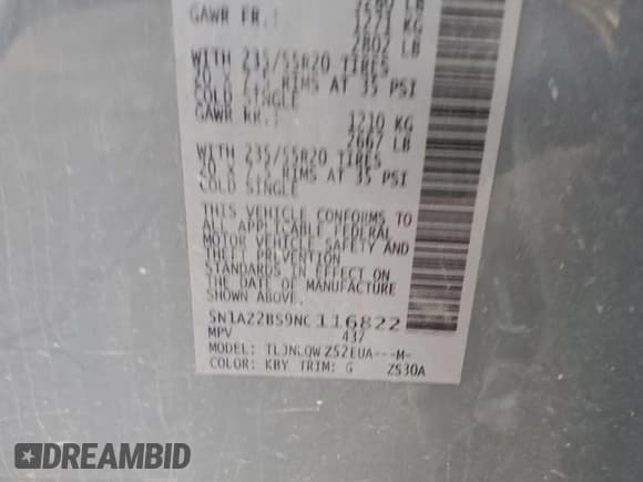 ✅ 2022 Nissan Murano SV • VIN: 5N1AZ2BS9NC116822 • Лот: 87195295. Опубликован ранее на Copart с пробегом 61 821 миль. Бесплатный доступ к архиву аукционных продаж из США и подробный отчёт об истории автомобиля на DreamBid. Изображение 13.