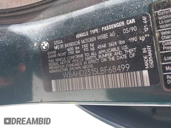 ✅ 1990 BMW 5 Series • VIN: WBAHD2315LBF68499 • Lot: 42815606. Listed on IAAI with 192,541 mi. Free auction sales archive from the USA and detailed vehicle history report at DreamBid. Image 9.