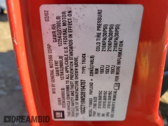 ✅ 2002 Chevrolet S-10 LS • VIN: 1GCCT19W528194787 • Лот: 87580465. Опубликован ранее на Copart с пробегом 152 324 миль. Бесплатный доступ к архиву аукционных продаж из США и подробный отчёт об истории автомобиля на DreamBid. Изображение 13.