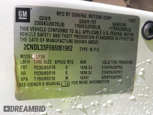 ✅ 2008 Chevrolet Equinox LT • VIN: 2CNDL33F886061962 • Lot: 41796866. Listed on IAAI with 98,868 mi. Free auction sales archive from the USA and detailed vehicle history report at DreamBid. Image 9.