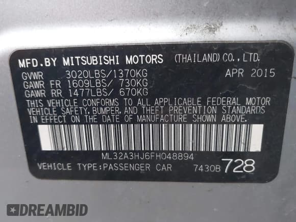 ✅ 2015 Mitsubishi Mirage DE • VIN: ML32A3HJ6FH048894 • Lot: 40394524. Listed on IAAI with 73,786 mi. Free auction sales archive from the USA and detailed vehicle history report at DreamBid. Image 9.