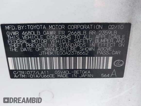 ✅ 2010 Lexus ES 330 • VIN: JTHBK1EG0A2378662 • Lot: 43629565. Wystawiony na IAAI z przebiegiem 205 390 mil. Bezpłatny archiwum sprzedaży aukcyjnych z USA i szczegółowy raport historii pojazdu na DreamBid. Zdjęcie 9.