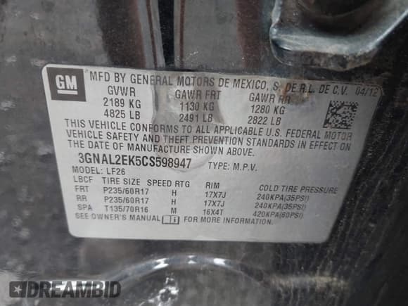 ✅ 2012 Chevrolet Captiva Sport LS • VIN: 3GNAL2EK5CS598947 • Lot: 42681993. Wystawiony na IAAI z przebiegiem 98 939 mil. Bezpłatny archiwum sprzedaży aukcyjnych z USA i szczegółowy raport historii pojazdu na DreamBid. Zdjęcie 9.