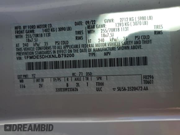 ✅ 2022 Ford Bronco • VIN: 1FMDE5DHXNLB79200 • Lot: 49372444. Listed on Copart with 50,686 mi. Free auction sales archive from the USA and detailed vehicle history report at DreamBid. Image 14.