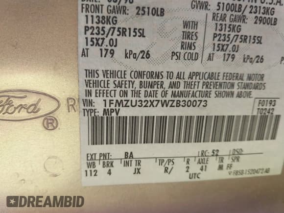 ✅ 1998 Ford Explorer XL • VIN: 1FMZU32X7WZB30073 • Lot: 41919001. Listed on IAAI with 316,172 mi. Free auction sales archive from the USA and detailed vehicle history report at DreamBid. Image 9.