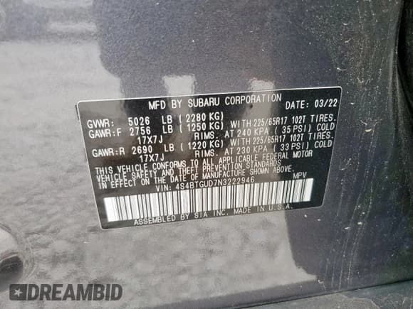 ✅ 2022 Subaru Outback Wilderness • VIN: 4S4BTGUD7N3222946 • Lot: 87475295. Listed on Copart with 55,837 mi. Free auction sales archive from the USA and detailed vehicle history report at DreamBid. Image 13.