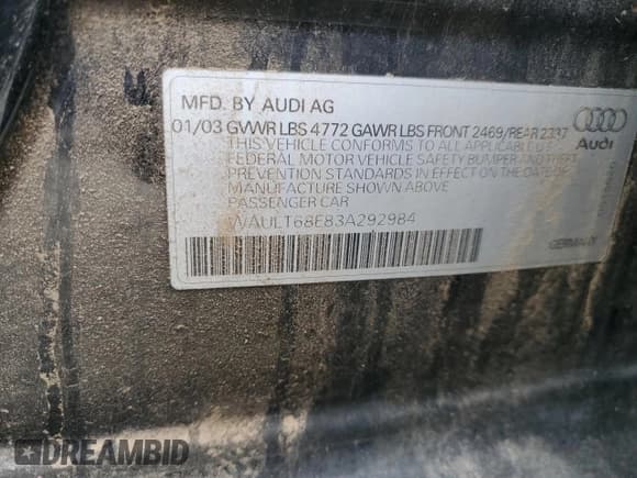 ✅ 2003 Audi A4 3.0L • VIN: WAULT68E83A292984 • Лот: 60542485. Опубликован ранее на Copart с пробегом 117 771 миль. Бесплатный доступ к архиву аукционных продаж из США и подробный отчёт об истории автомобиля на DreamBid. Изображение 12.