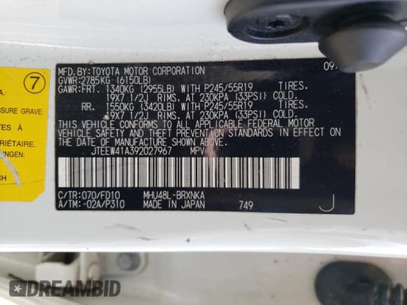 ✅ 2009 Toyota Highlander • VIN: JTEEW41A392027967 • Lot: 60243015. Listed on Copart with 244,229 mi. Free auction sales archive from the USA and detailed vehicle history report at DreamBid. Image 12.