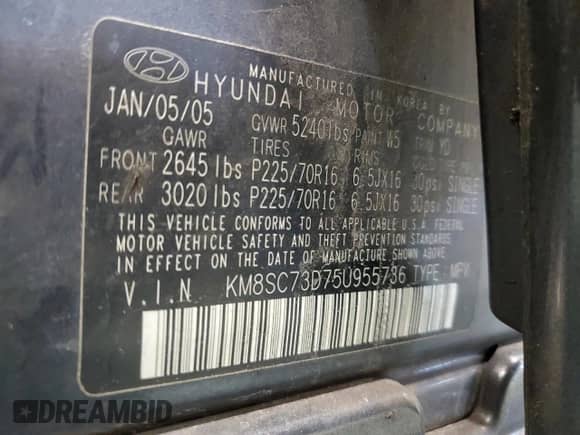 2005 Hyundai Santa Fe GLS z VIN KM8SC73D75U955736, wystawiony jako Copart lot #41362845 z przebiegiem 167 955 mil mil oraz Szkoda całkowita • Salvage title. Historia ofert i sprzedaży dostępna na DreamBid. Obrazek 13.