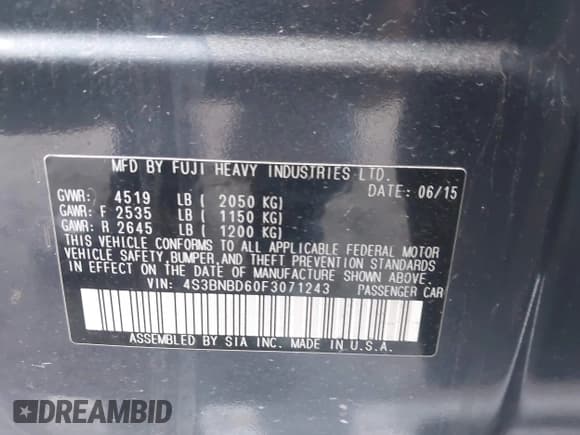 ✅ 2015 Subaru Legacy Premium • VIN: 4S3BNBD60F3071243 • Lot: 43672591. Listed on IAAI with 125,694 mi. Free auction sales archive from the USA and detailed vehicle history report at DreamBid. Image 9.