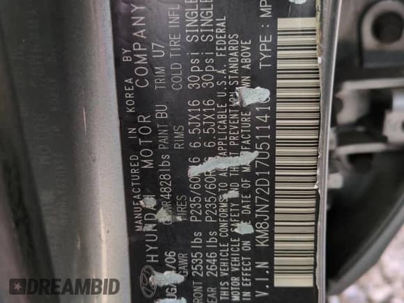 2007 Hyundai Tucson SE z VIN KM8JN72D17U511410, wystawiony jako Copart lot #80653934 z przebiegiem 114 149 mil mil oraz Szkoda całkowita • Salvage title. Historia ofert i sprzedaży dostępna na DreamBid. Obrazek 12.