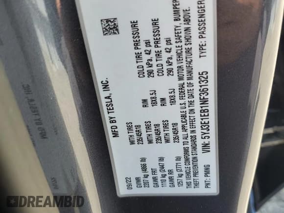 ✅ 2022 Tesla Model 3 Long Range • VIN: 5YJ3E1EB1NF361325 • Lot: 69379205. Wystawiony na Copart z przebiegiem 34 696 mil. Bezpłatny archiwum sprzedaży aukcyjnych z USA i szczegółowy raport historii pojazdu na DreamBid. Zdjęcie 12.