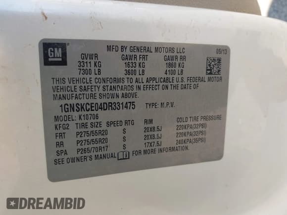 ✅ 2013 Chevrolet Tahoe LTZ • VIN: 1GNSKCE04DR331475 • Lot: 42897009. Listed on IAAI with 178,454 mi. Free auction sales archive from the USA and detailed vehicle history report at DreamBid. Image 9.