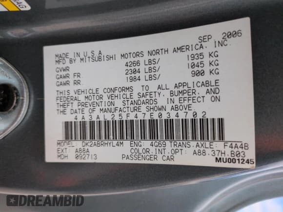 ✅ 2007 Mitsubishi Eclipse GS • VIN: 4A3AL25F47E034702 • Лот: 68039875. Опубликован ранее на Copart с пробегом 87 128 миль. Бесплатный доступ к архиву аукционных продаж из США и подробный отчёт об истории автомобиля на DreamBid. Изображение 13.