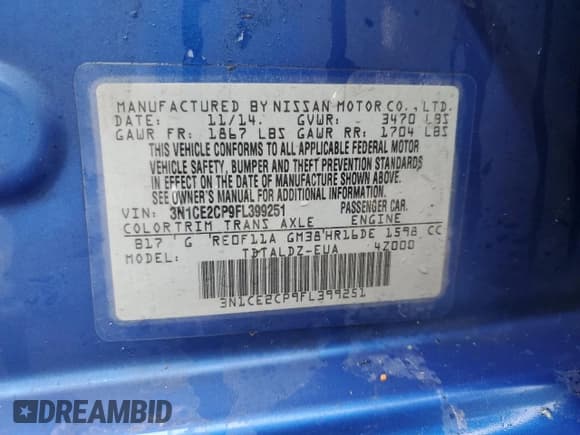 ✅ 2015 Nissan Note S • VIN: 3N1CE2CP9FL399251 • Lot: 61234655. Listed on Copart with 193,931 mi. Free auction sales archive from the USA and detailed vehicle history report at DreamBid. Image 12.