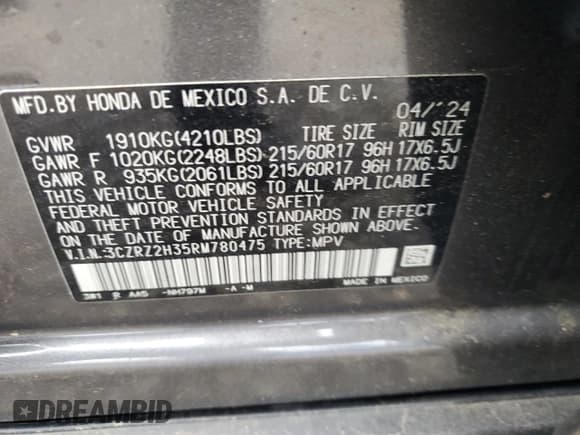 ✅ 2024 Honda HR-V LX • VIN: 3CZRZ2H35RM780475 • Lot: 81952485. Wystawiony na Copart z przebiegiem Nie podano. Bezpłatny archiwum sprzedaży aukcyjnych z USA i szczegółowy raport historii pojazdu na DreamBid. Zdjęcie 13.