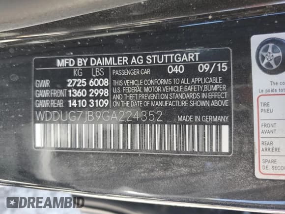 ✅ 2016 Mercedes-Benz S 63 AMG • VIN: WDDUG7JB9GA224352 • Lot: 72057195. Listed on Copart with 58,465 mi. Free auction sales archive from the USA and detailed vehicle history report at DreamBid. Image 13.