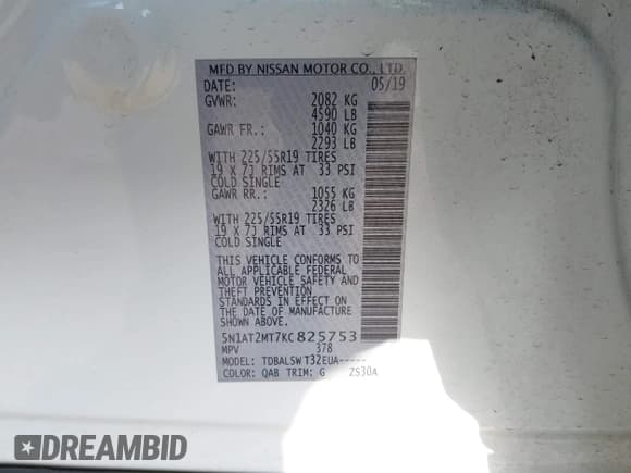 ✅ 2019 Nissan Rogue SL • VIN: 5N1AT2MT7KC825753 • Lot: 42081338. Listed on IAAI with 81,143 mi. Free auction sales archive from the USA and detailed vehicle history report at DreamBid. Image 9.