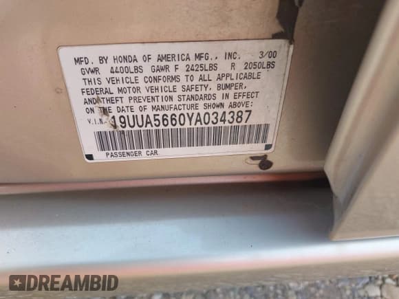 ✅ 2000 Acura TL • VIN: 19UUA5660YA034387 • Lot: 42993062. Listed on IAAI with 210,103 mi. Free auction sales archive from the USA and detailed vehicle history report at DreamBid. Image 9.