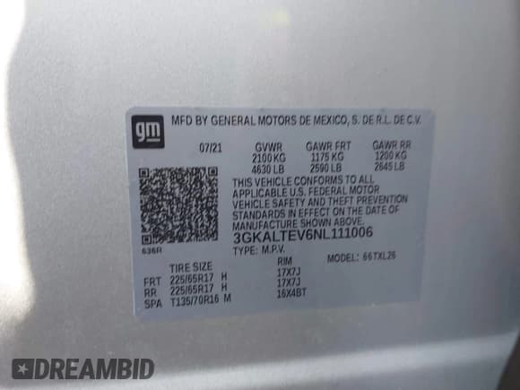 ✅ 2022 GMC Terrain SLE • VIN: 3GKALTEV6NL111006 • Лот: 43282110. Опубликован ранее на IAAI с пробегом 56 069 миль. Бесплатный доступ к архиву аукционных продаж из США и подробный отчёт об истории автомобиля на DreamBid. Изображение 9.