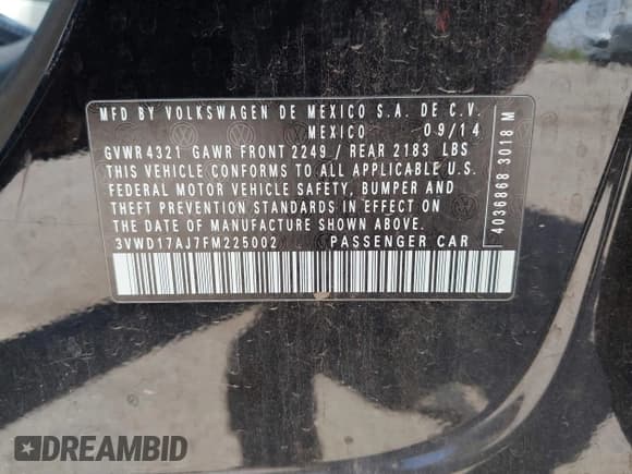 ✅ 2015 Volkswagen Jetta SE • VIN: 3VWD17AJ7FM225002 • Lot: 42843029. Listed on IAAI with 114,903 mi. Free auction sales archive from the USA and detailed vehicle history report at DreamBid. Image 9.